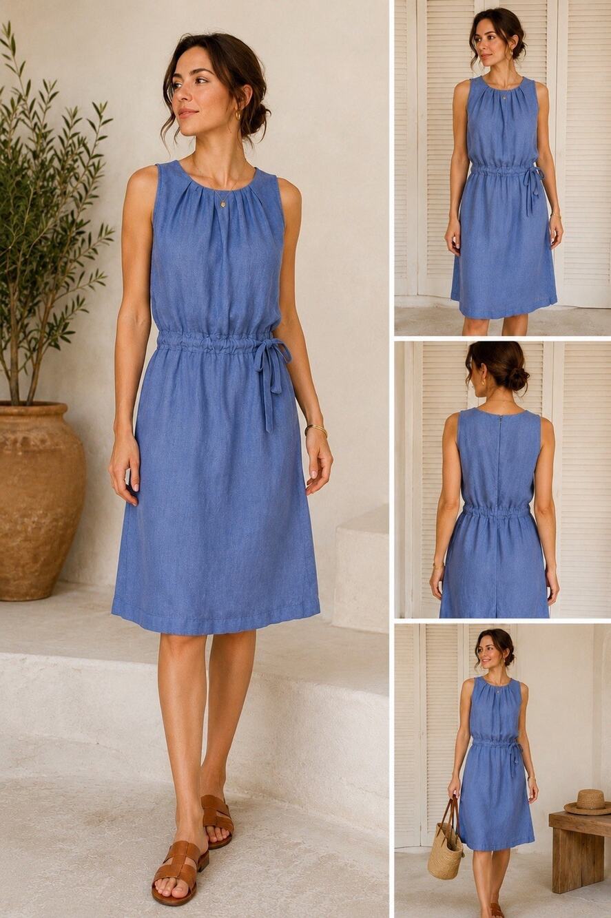 Haris Cotton Linen Dress L Blue Sleeveless Drawstring Waist Coastal Resort Lg
